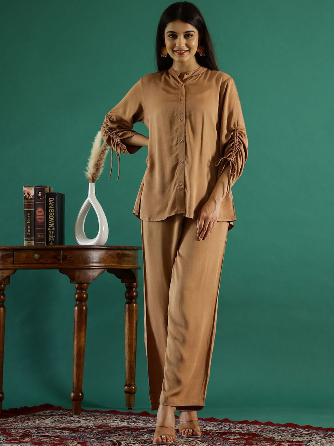 

Sangria Women Pure Cotton Shirt With Trousers Co-Ords, Camel brown
