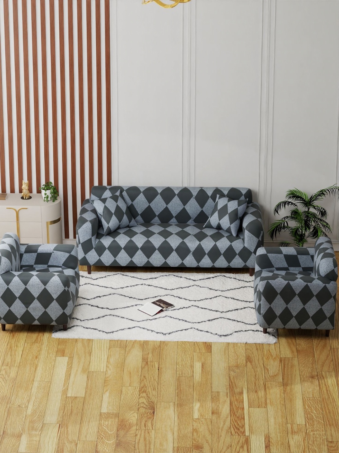 

Aura Grey & Black 3 Pieces Checked Printed 5 Seater Sofa Covers With Arms