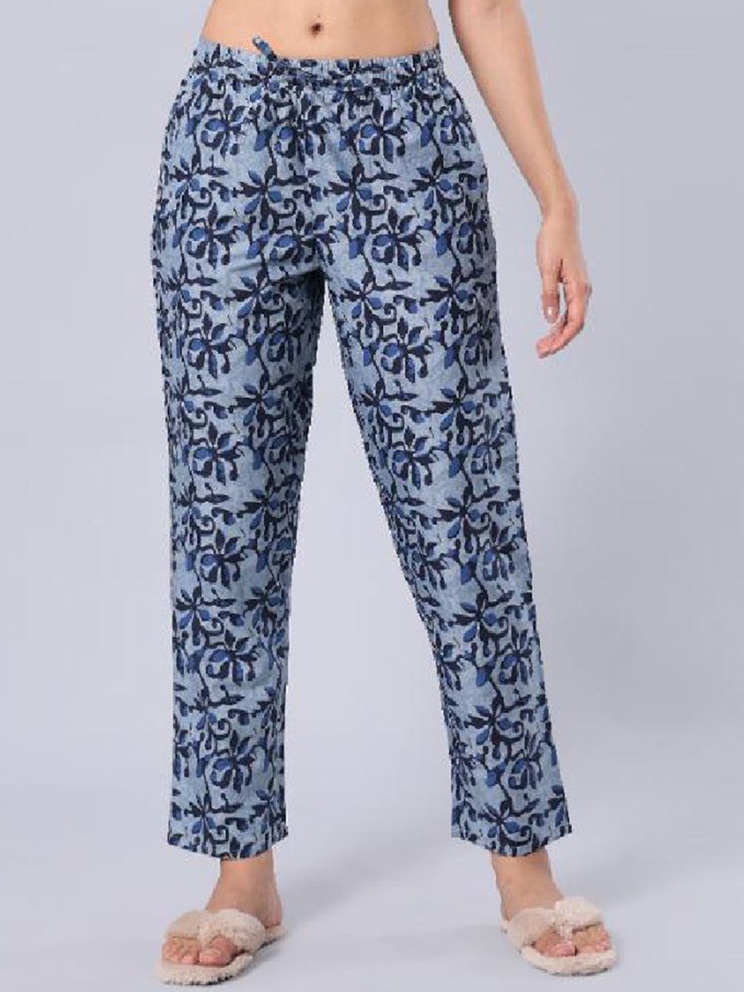 

evolove Women Printed Pure Cotton Mid Rise Lounge Pant, Blue