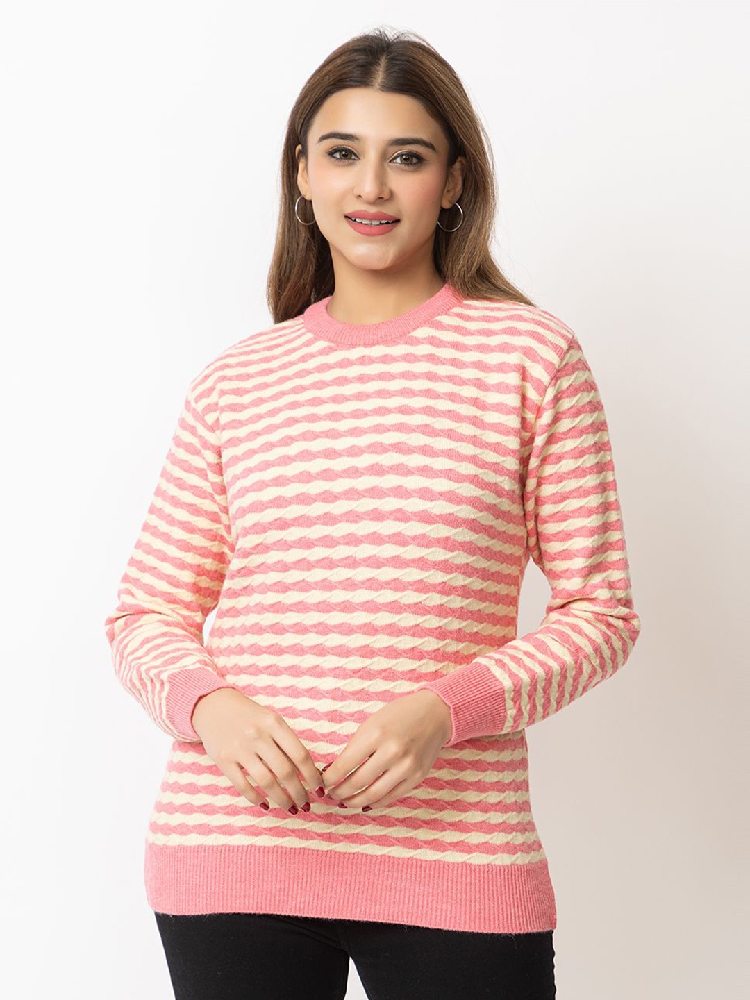 

LEZA Women Striped Pullover with Embroidered Detail, Pink