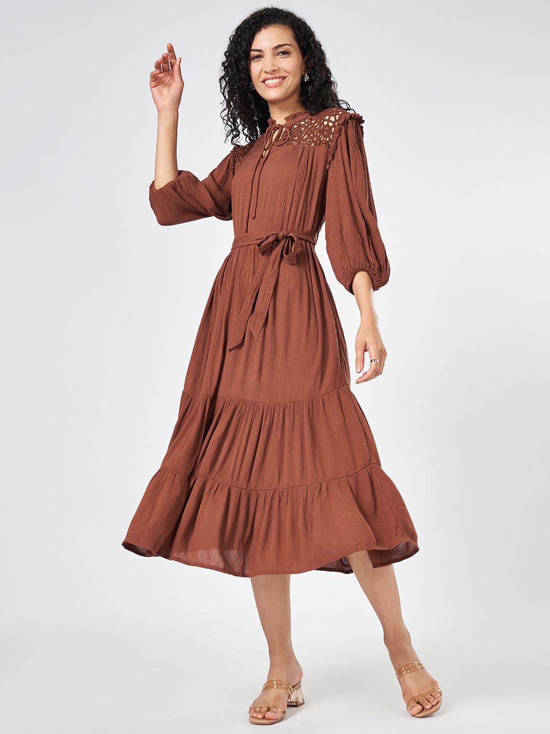 

Honey by Pantaloons Solid Puff Sleeve Fit & Flare Midi Dress, Brown
