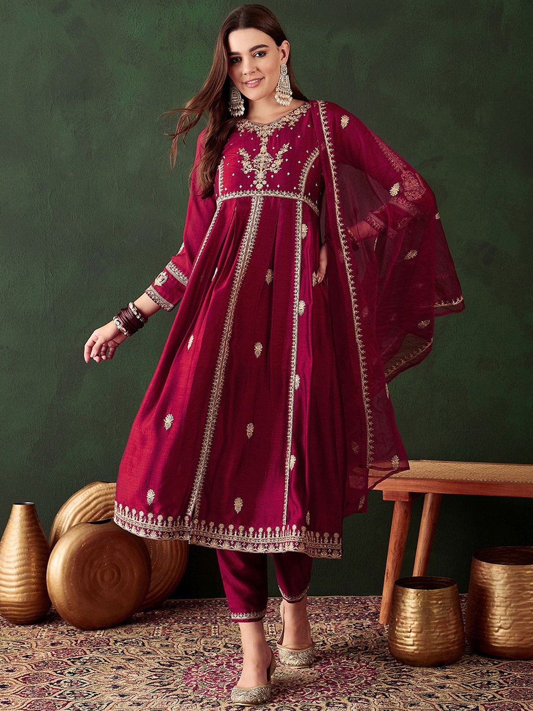 

Sangria Women Embroidered A-Line Kurta Trousers & Dupatta, Maroon