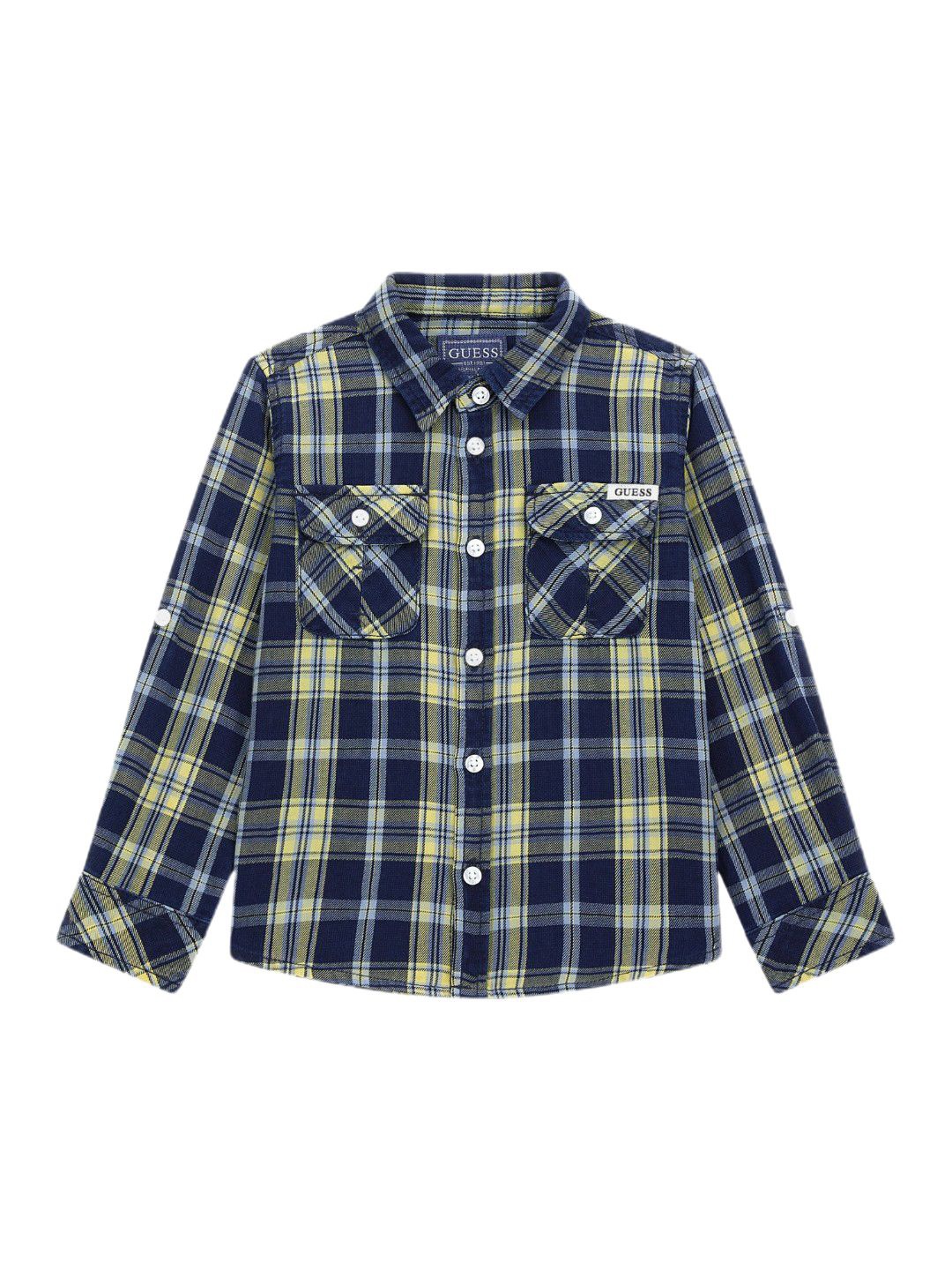 

GUESS kids Boys Comfort Spread Collar Checked Cotton Casual Shirt, Navy blue