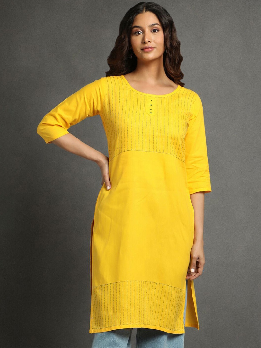

ArtEastri Women Geometric Embroidered Kantha Work Handloom Kurta, Yellow