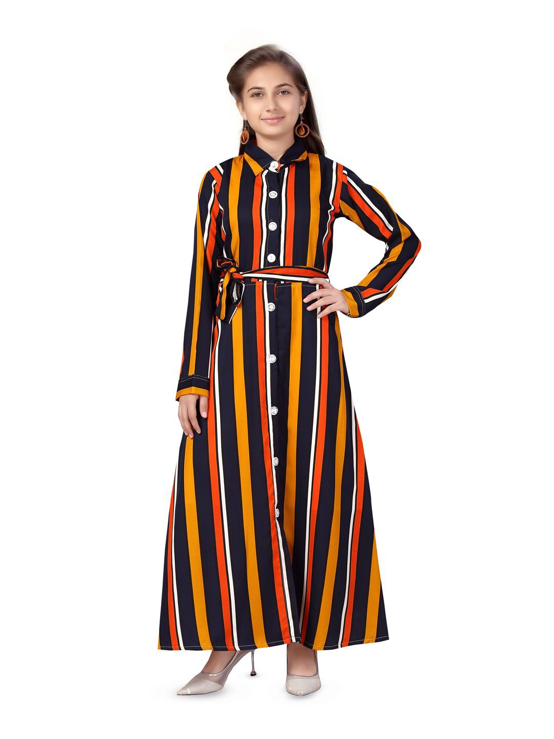 

BAESD Girls Striped Shirt Collar Cotton Shirt Maxi Dress, Yellow