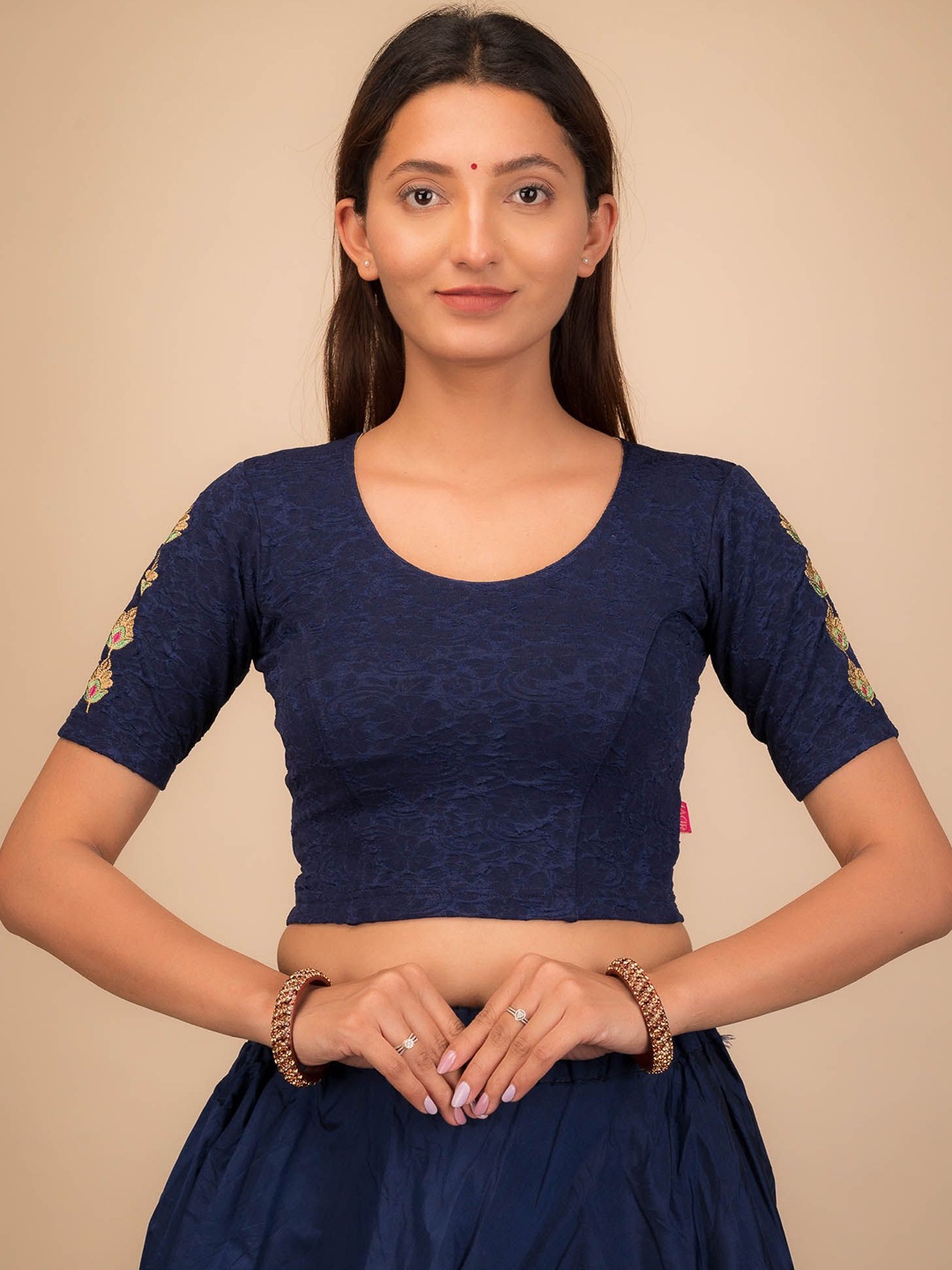 

Bindigasm's Advi Embroidered Round Neck Saree Blouse, Navy blue