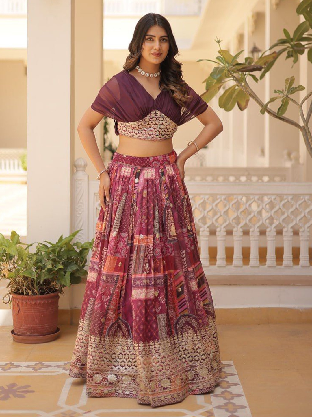 

Fusionic Embellished Ready to Wear Lehenga &, Purple