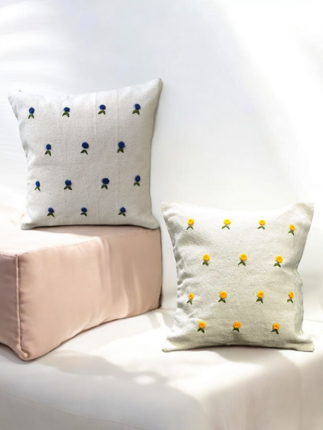 

INTERIORQUOTIENT Blue & Yellow 2 Pieces Floral Embroidered Cotton Square Cushion Covers