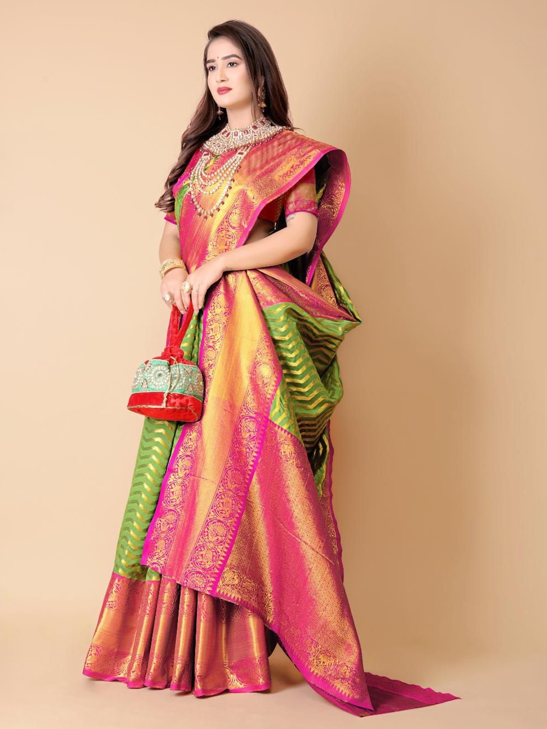 

JAY FASHION Woven Design Zari Silk Blend Banarasi Saree, Green