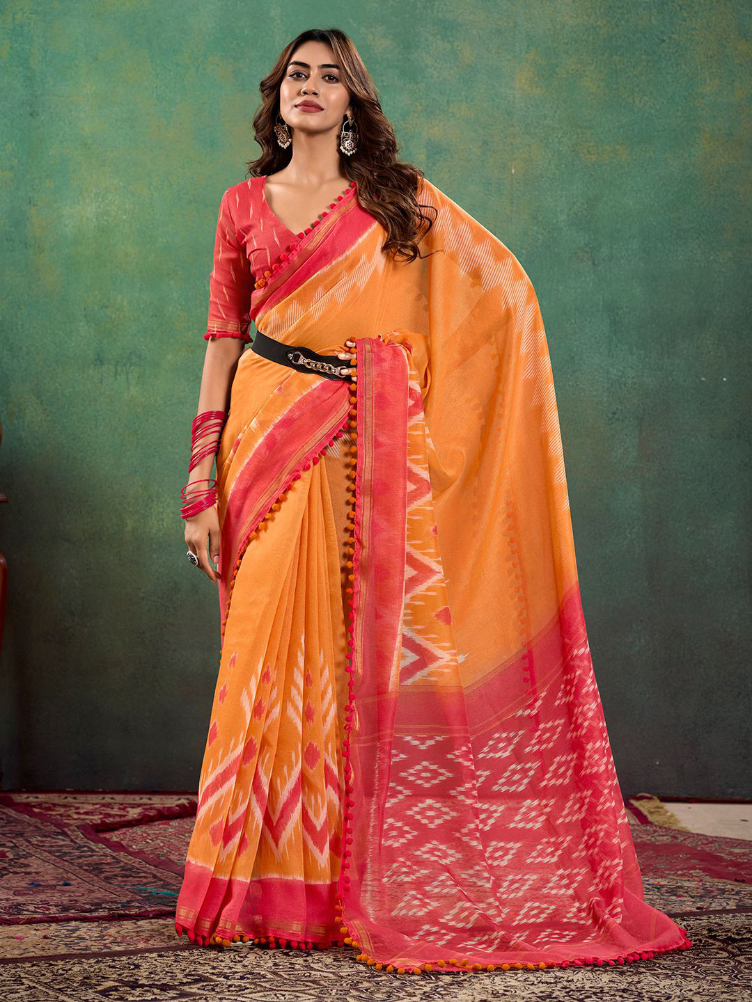 

Mitera Ethnic Motifs Silk Cotton Saree, Orange