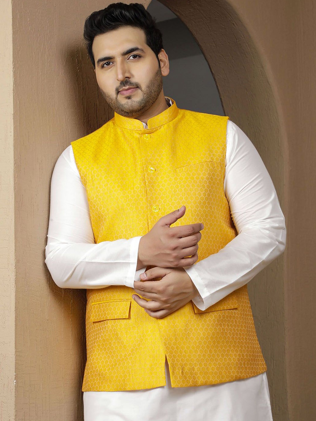 

Sztori Woven Design Nehru Jacket, Yellow