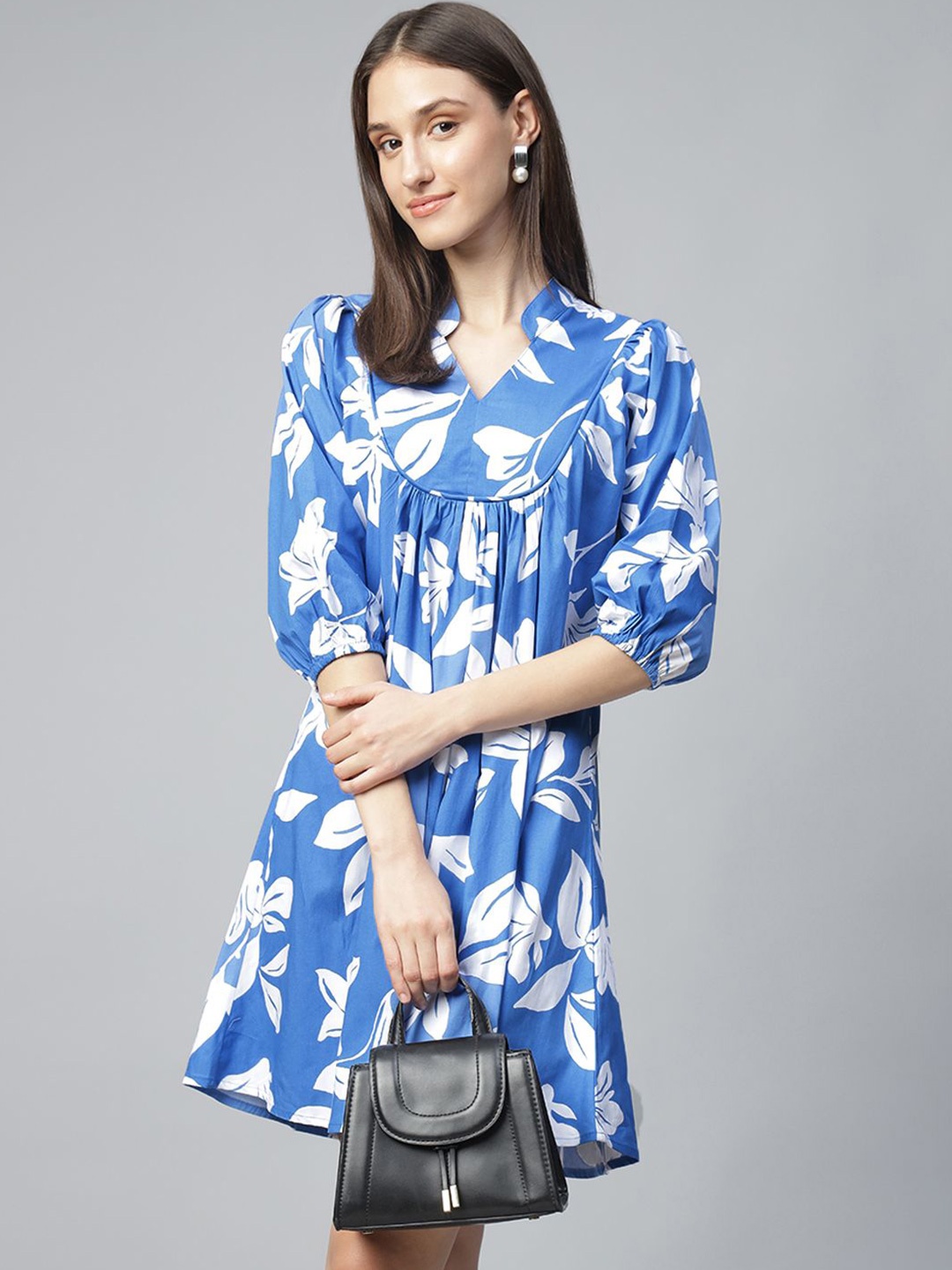

Hancock Women Floral Printed Mandarin Collar A-Line Pure Cotton Mini Dress, Blue