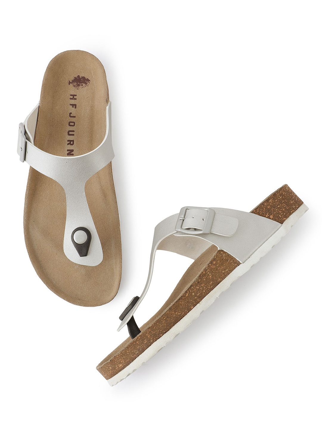 

HF JOURNEY Women Open Toe T-Strap Flats, Silver