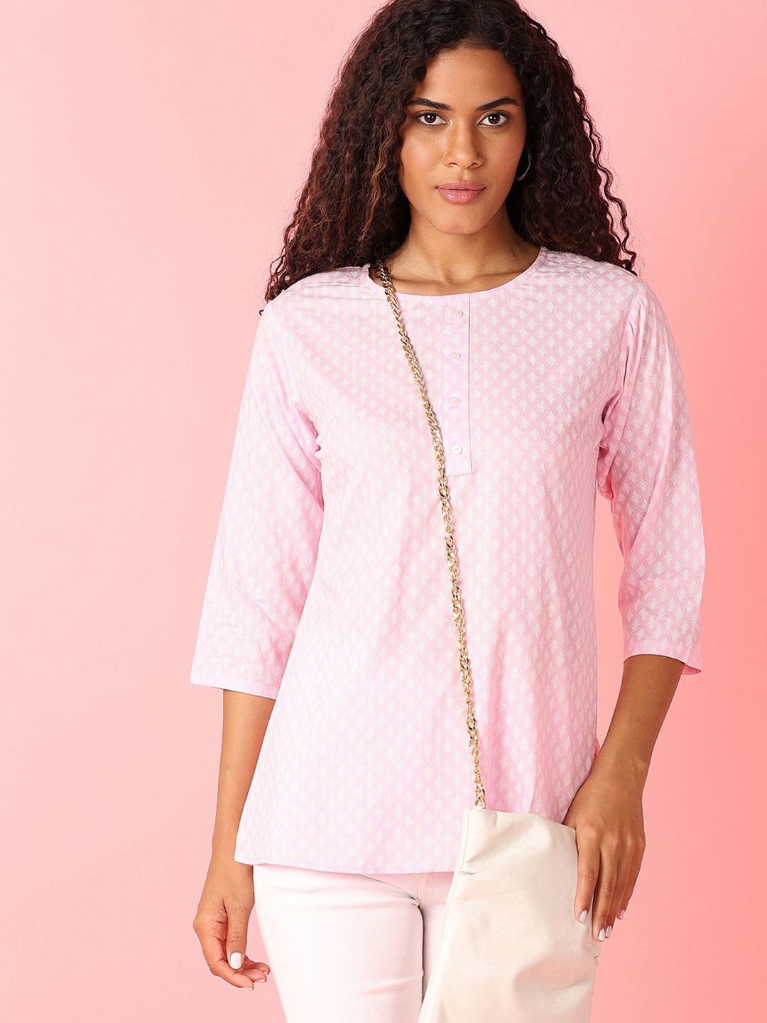 

UNLIMITED Women Printed Three-Quarter Sleeves Tunic, Pink