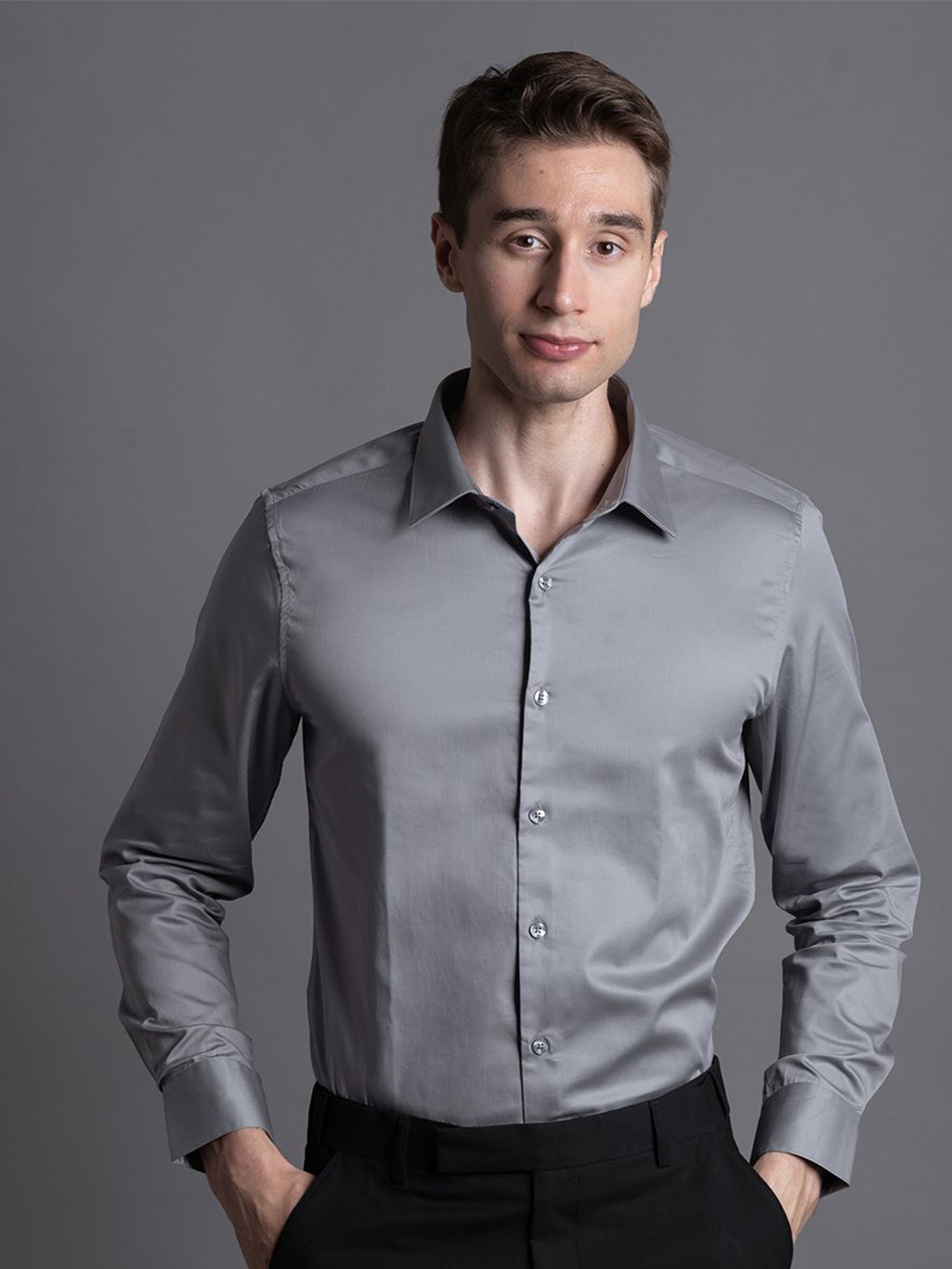 

ARISTOBRAT Men Spread Collar Solid Cotton Tailored Fit Casual Shirt, Grey