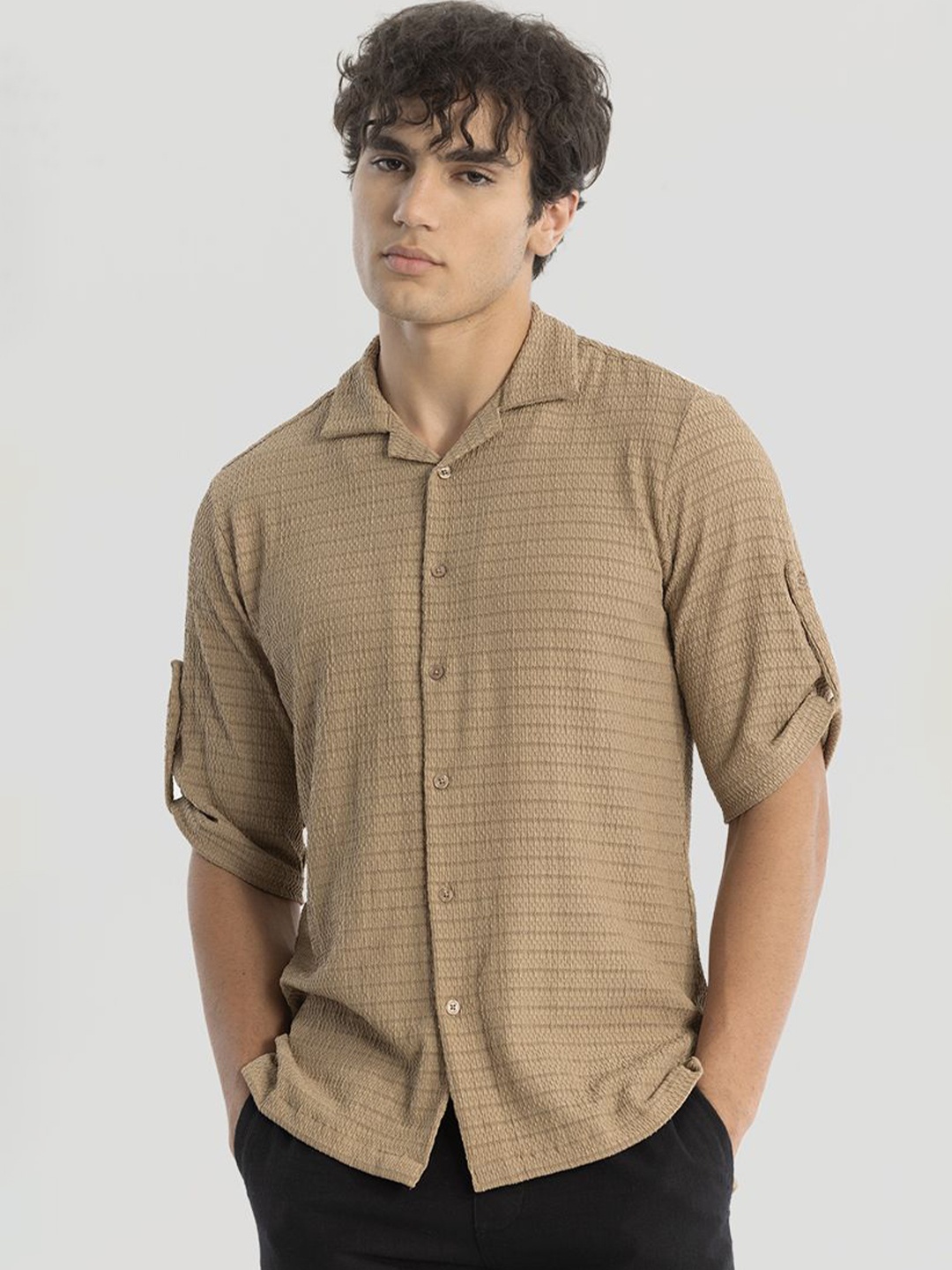 

Snitch Men Comfort Cuban Collar Solid Boxy Casual Shirt, Tan