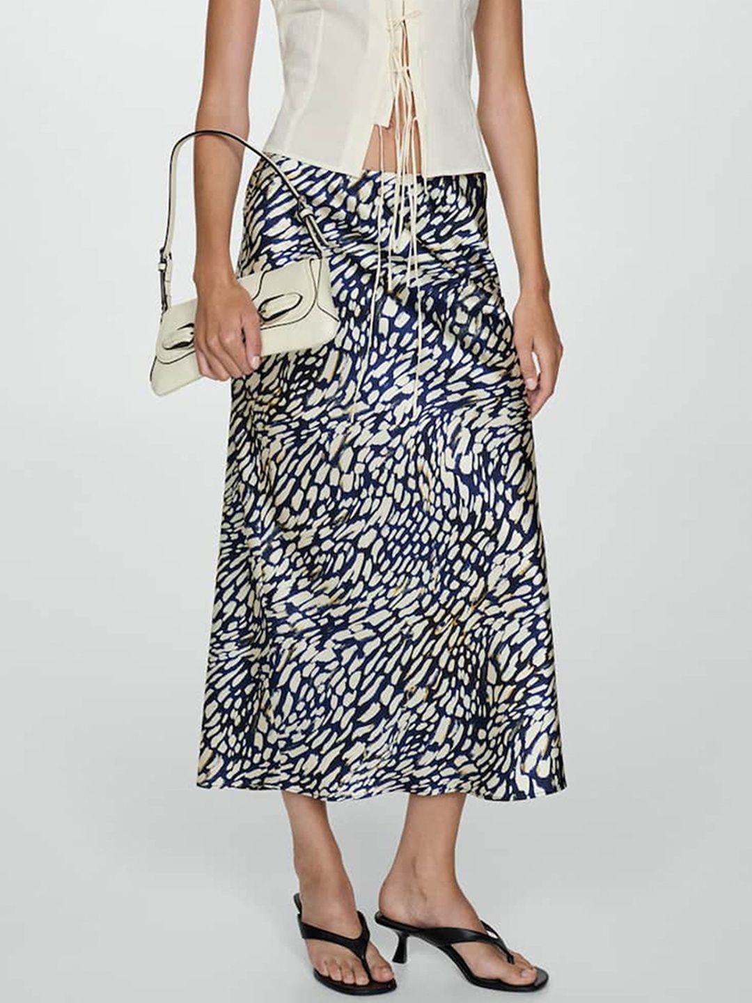 

MANGO Animal Print Satin A-Line Midi Skirt, Navy blue