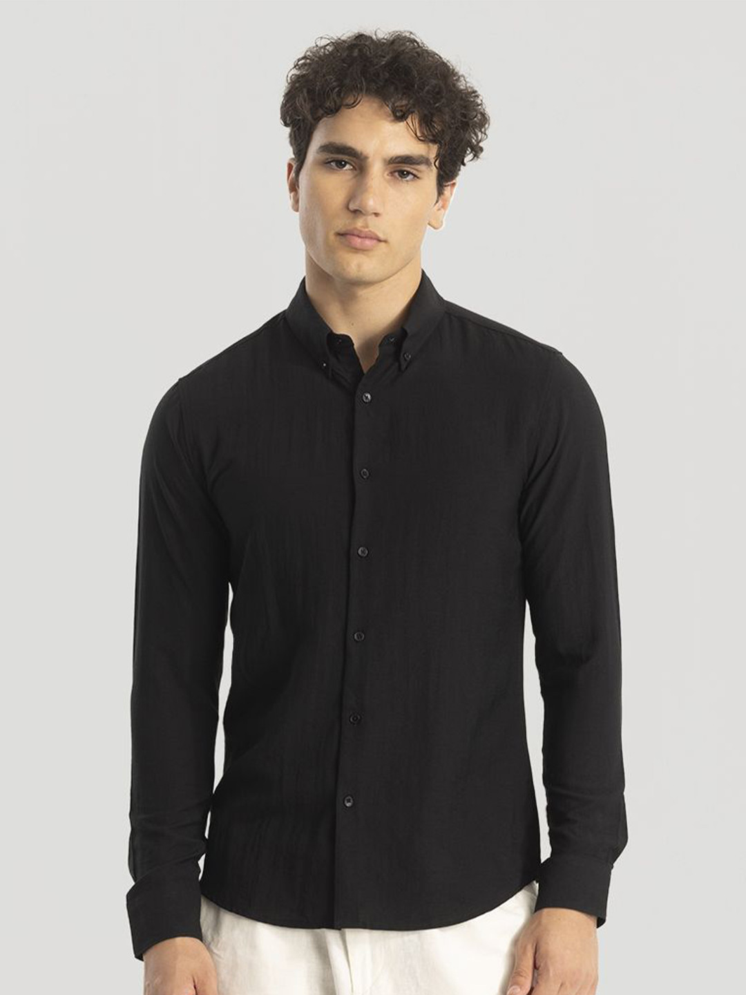 

Snitch Men Smart Button-Down Collar Solid Linen Slim Fit Casual Shirt, Black
