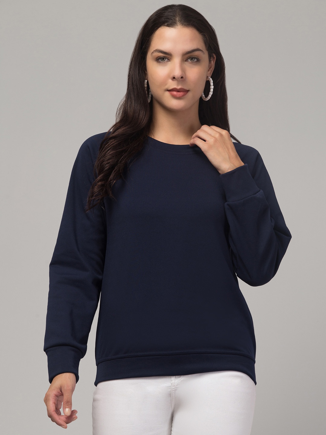 

BESTIC FASHION Women Solid Round Neck Fleece Pullover Ribbed Sweatshirt, Navy blue