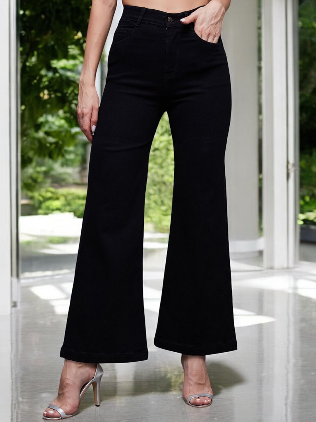 

Miss Chase Women Wide Leg High-Rise Stretchable Jeans, Black