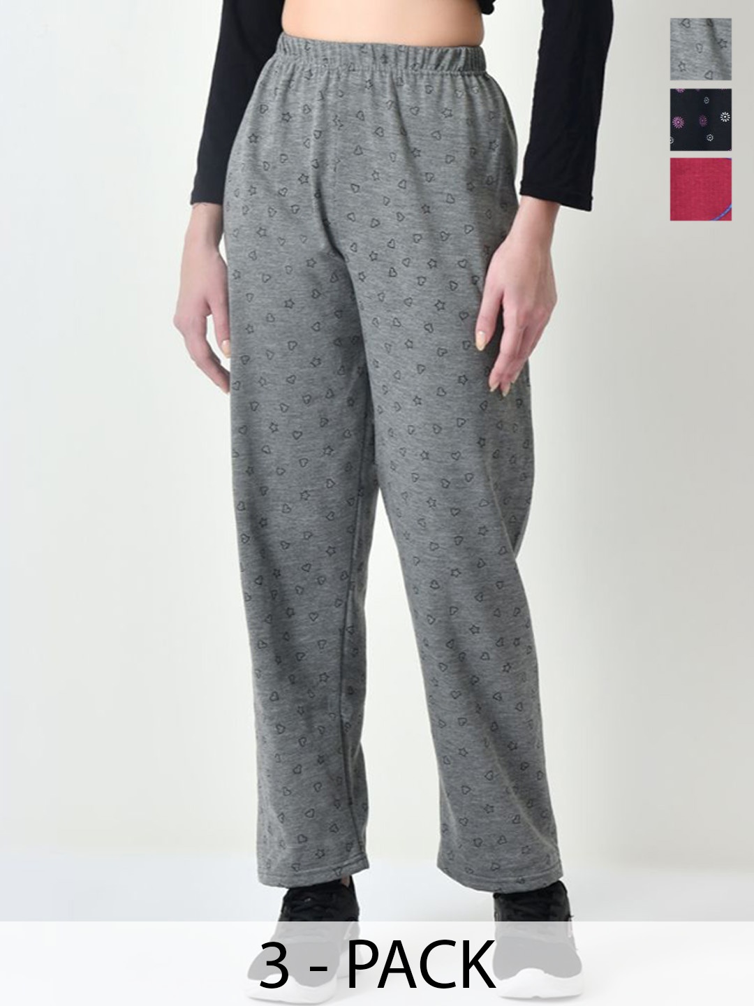 

BAESD Pack Of 3 Women Printed Fleece Track Pants, Grey