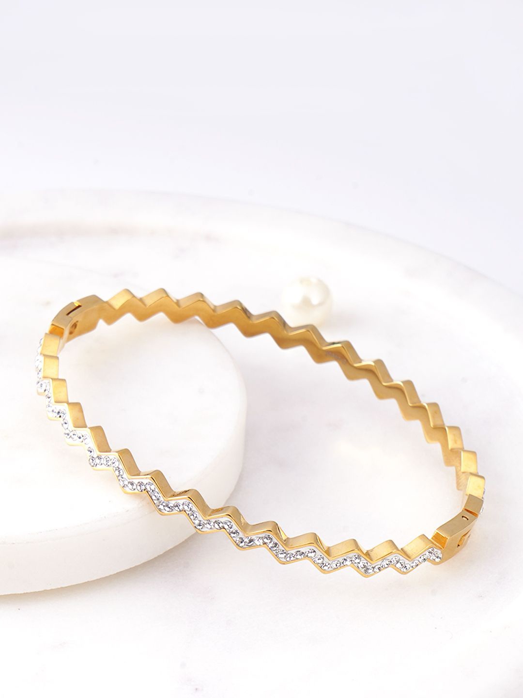 

Adwitiya Collection Stainless Steel Gold-Plated CZ Studded Bangle-Style Bracelet