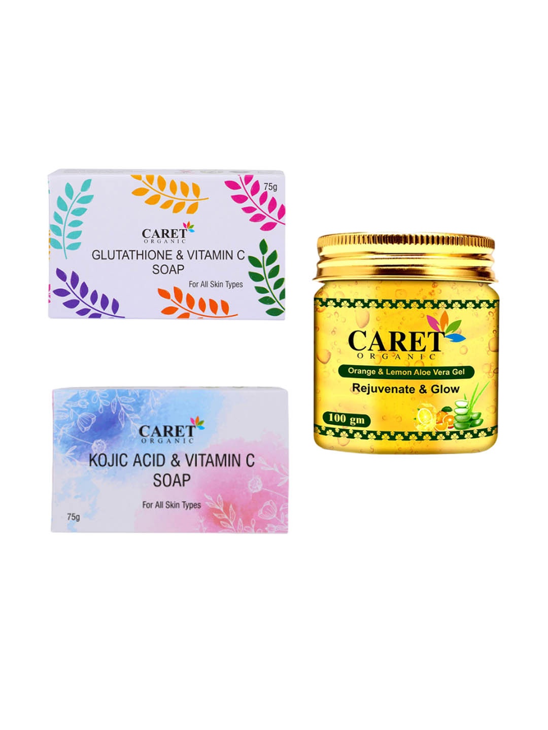 

CARET ORGANIC Kojic Acid Vitamin C Soap & Glutathione Soap & Orange Lemon Aloevera Gel, White