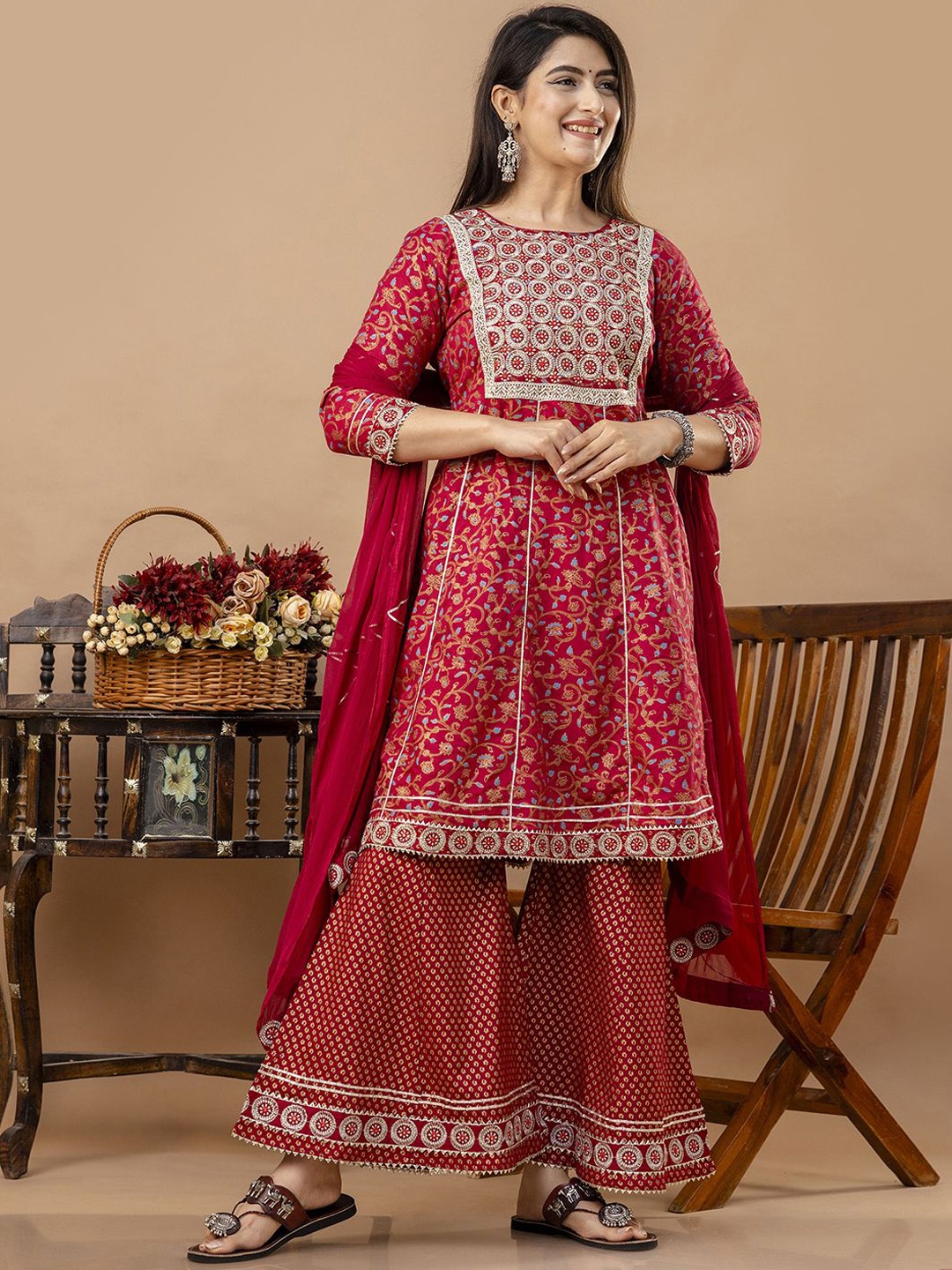 

Veshviti Women Floral Embroidered Empire Mirror Work Kurta with Sharara & With Dupatta, Maroon