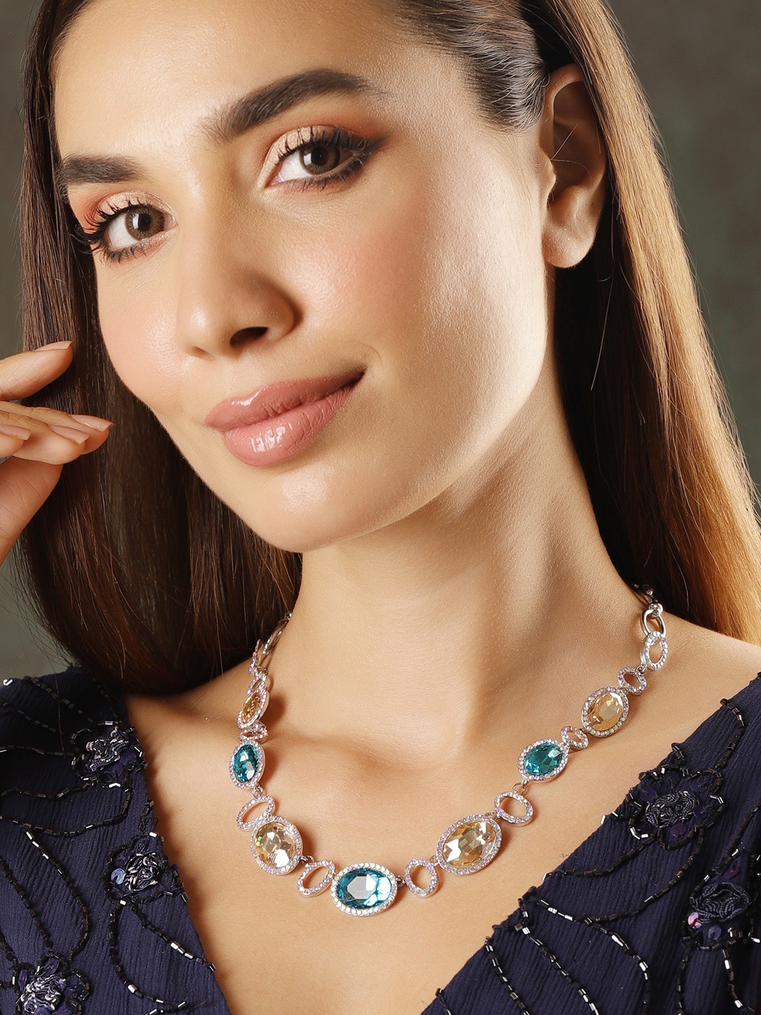 

Rubans Rhodium-Plated Teal Blue & Light Brown Cubic Zirconia Studded Statement Necklace, Silver