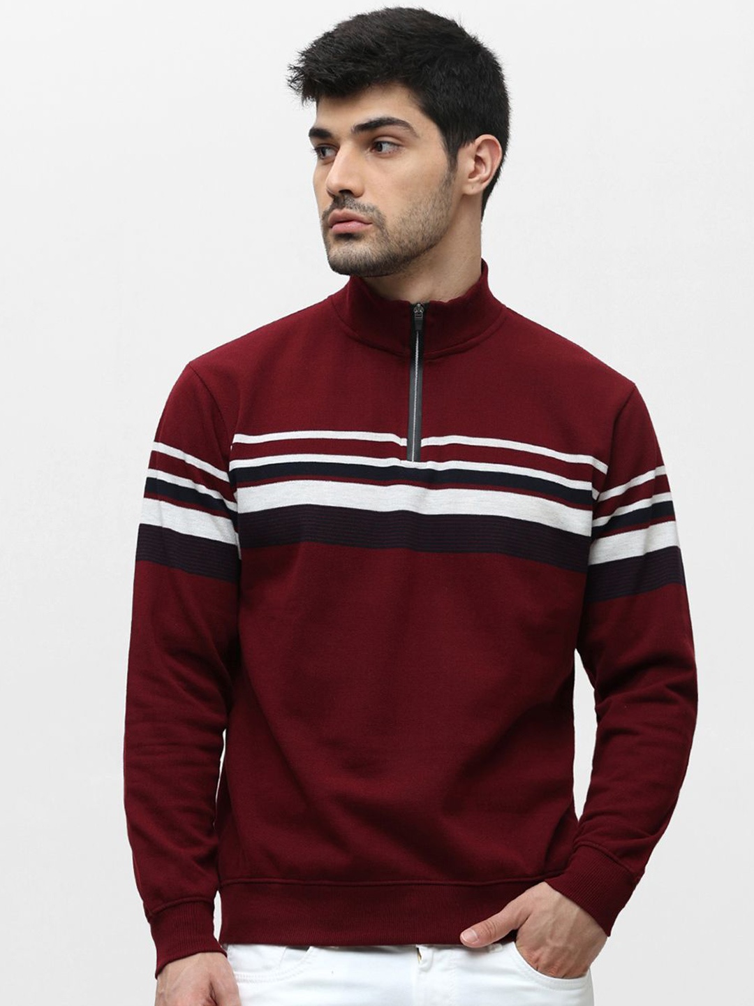 

Klub Fox Men Striped High Neck Pullover Sweatshirt, Maroon