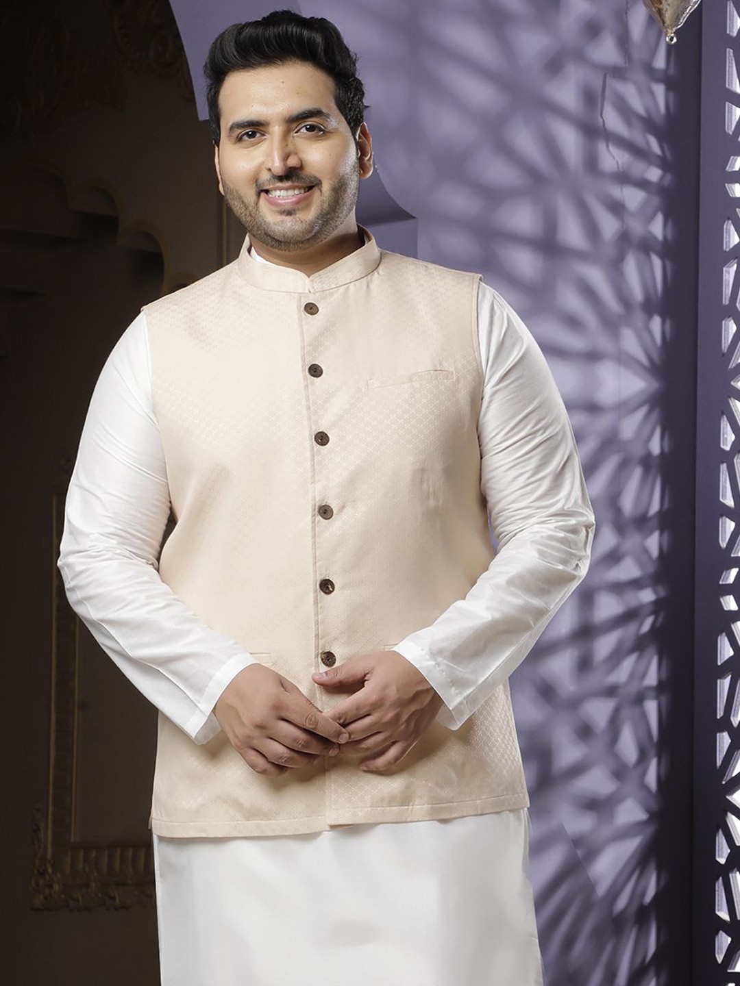 

Sztori Woven Design Nehru Jackets, Cream