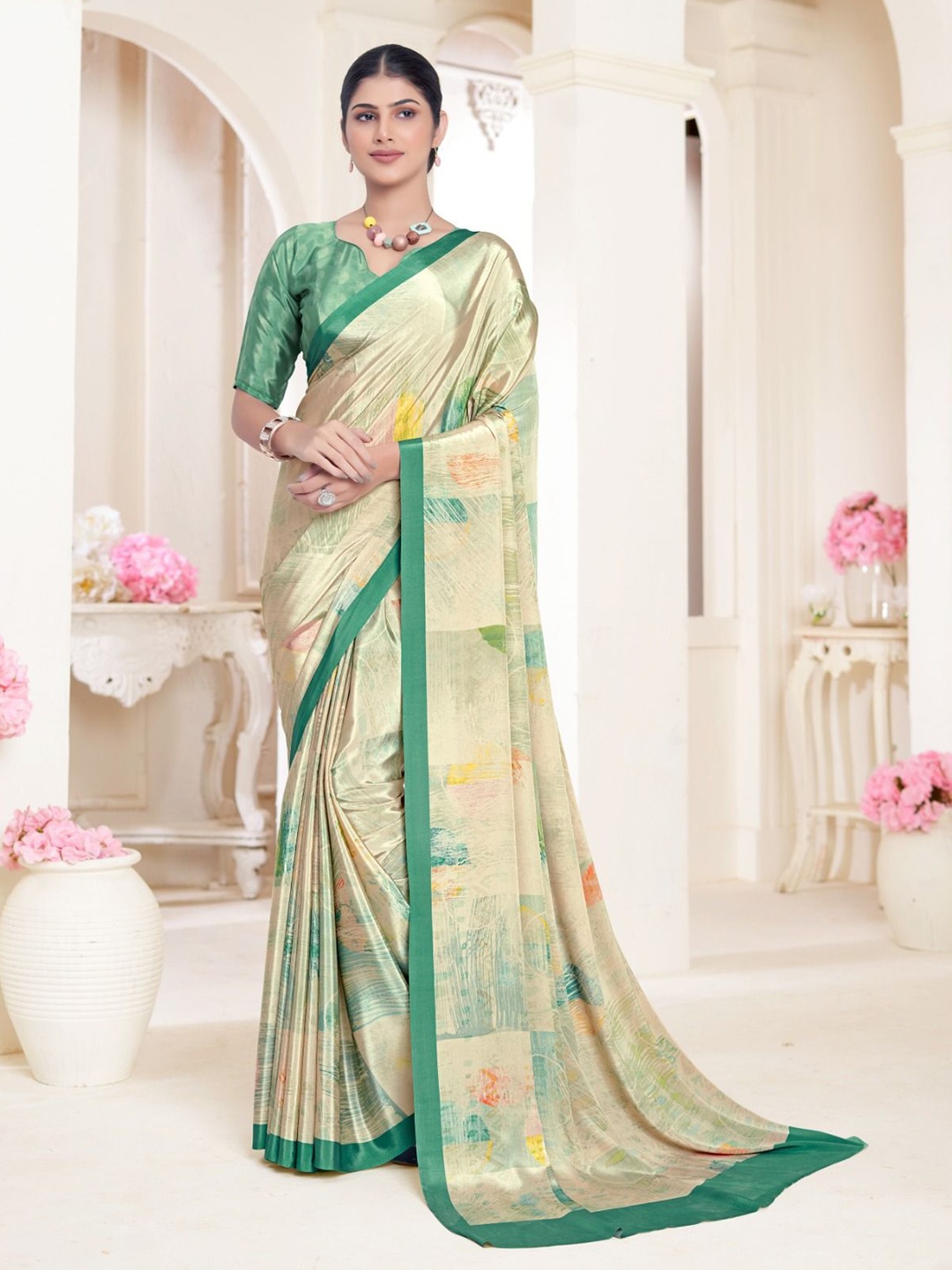 

JIVORA Abstract Printed Pure Silk Saree, Green