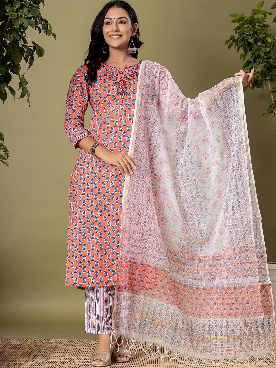 

Benaaz Women Printed Regular Pure Cotton Kurta With Trousers & Dupatta, Orange