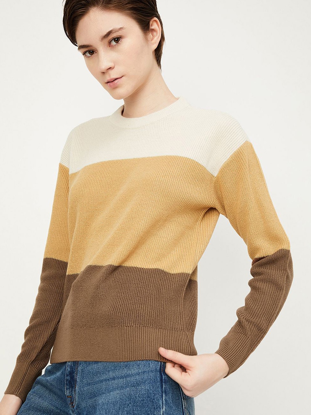 

max Women Colourblocked Pullover, Brown