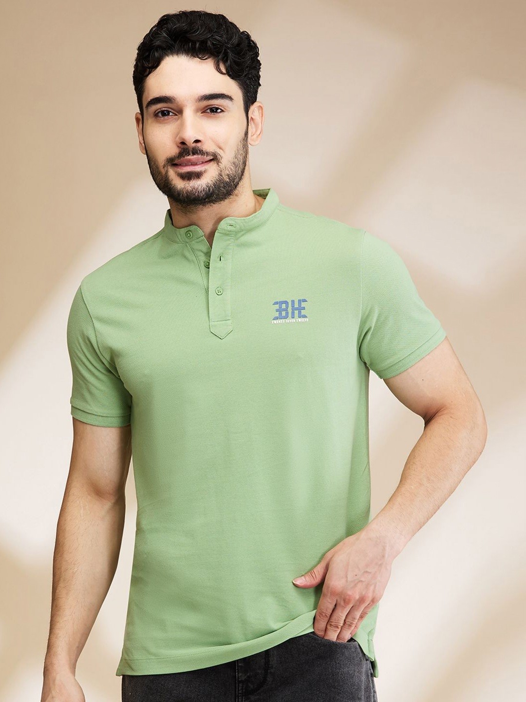 

Being Human Men Solid Henley Neck Cotton T-shirt, Green