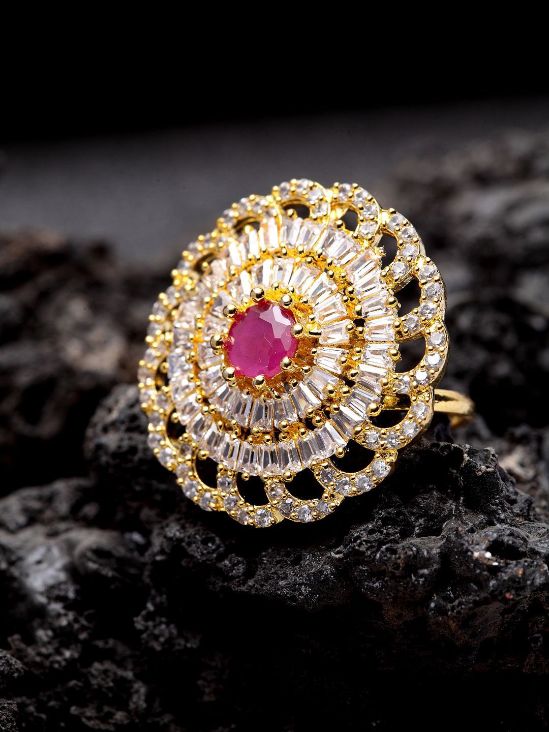 

ANIKAS CREATION Gold Plated American Diamond Studded Adjustable Finger Ring