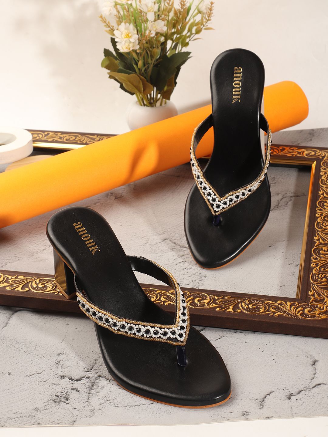 

Anouk Embellished Ethnic Block Sandals, Black