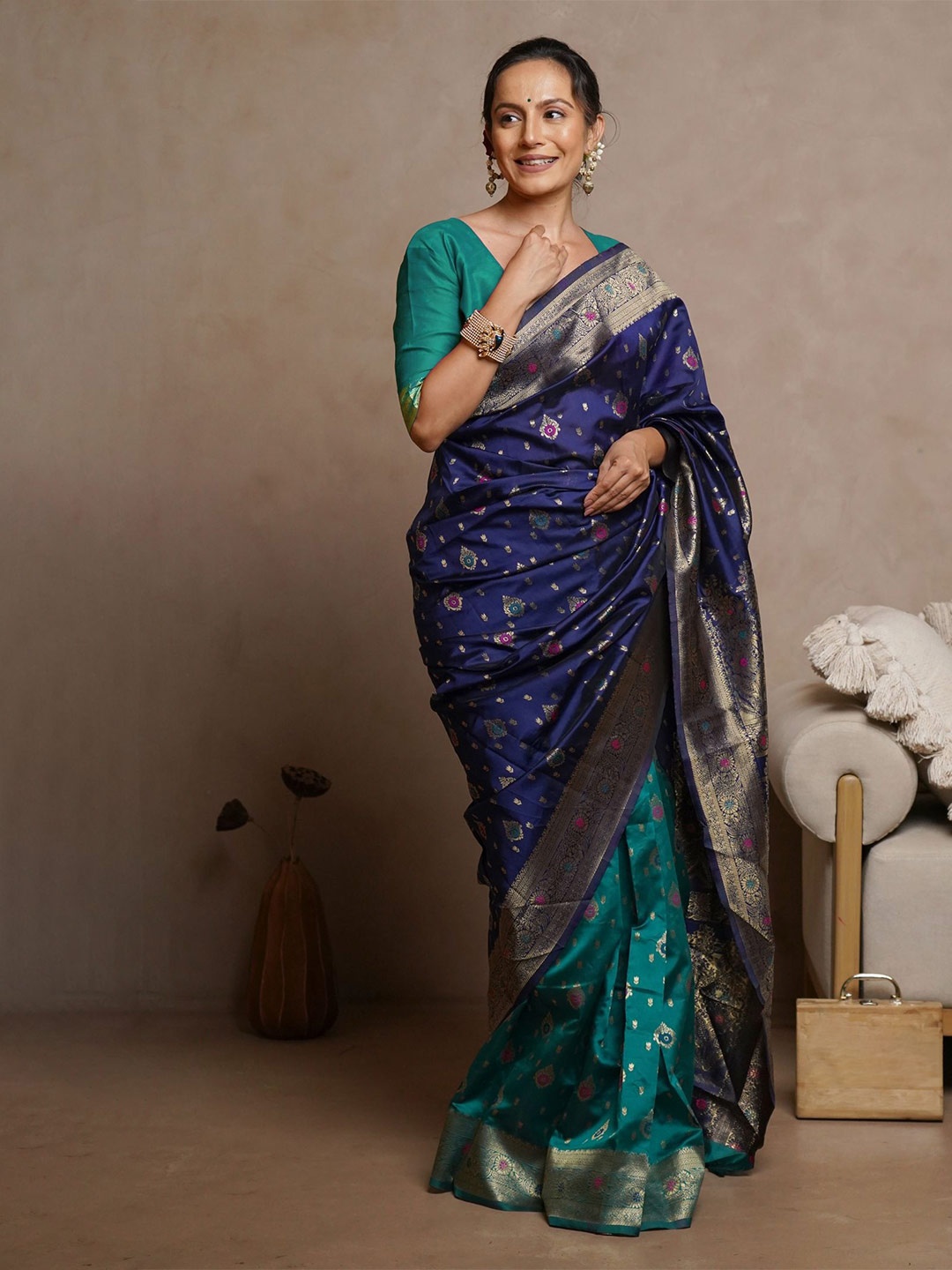 

Subham Ethnic Motifs Woven Design Zari Banarasi Designer Saree, Navy blue