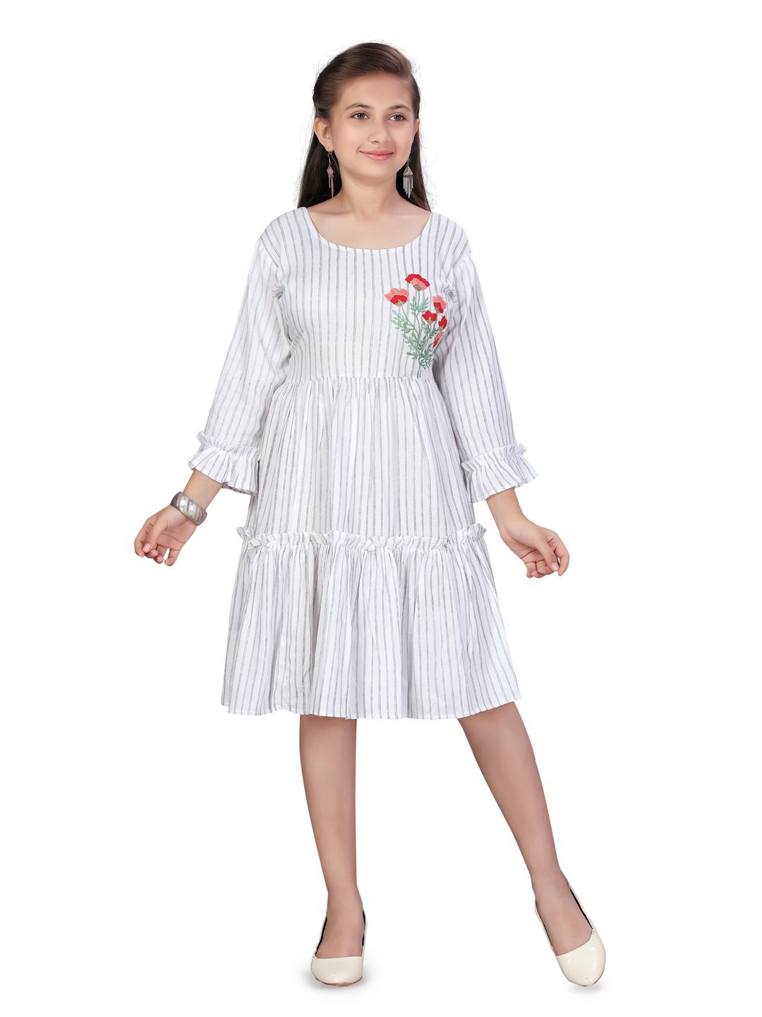 

BAESD Girls Striped Bell Sleeve Fit & Flare Midi Dress, White