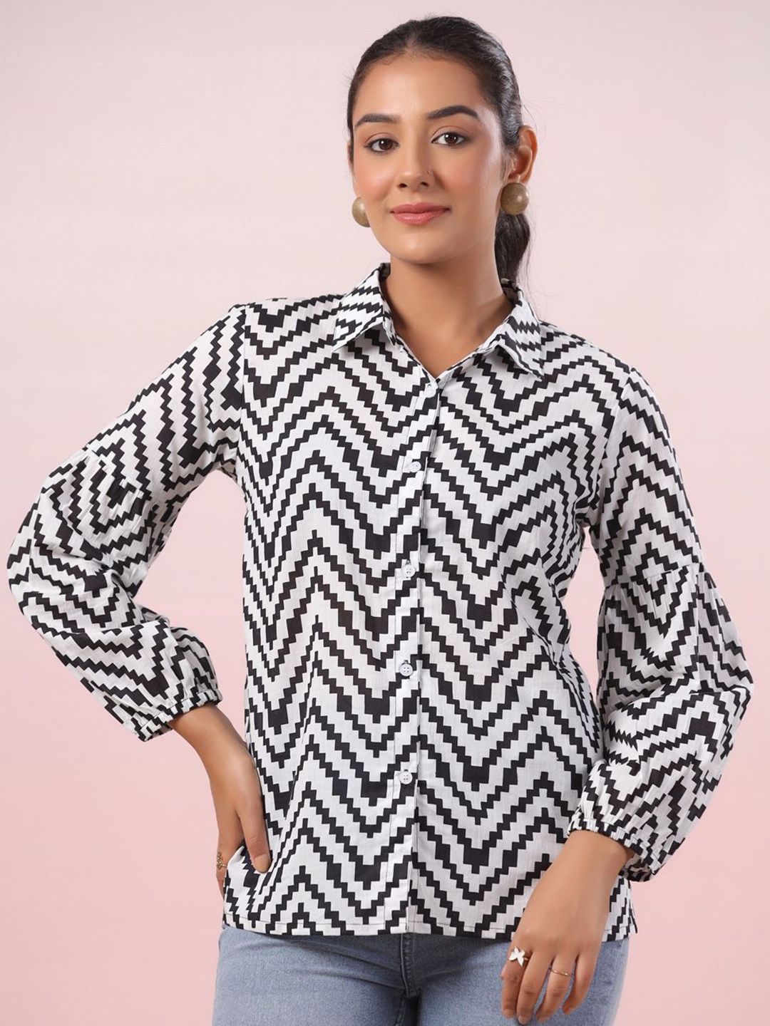 

LYFJ Women New Spread Collar Abstract Printed Cotton Casual Shirt, White