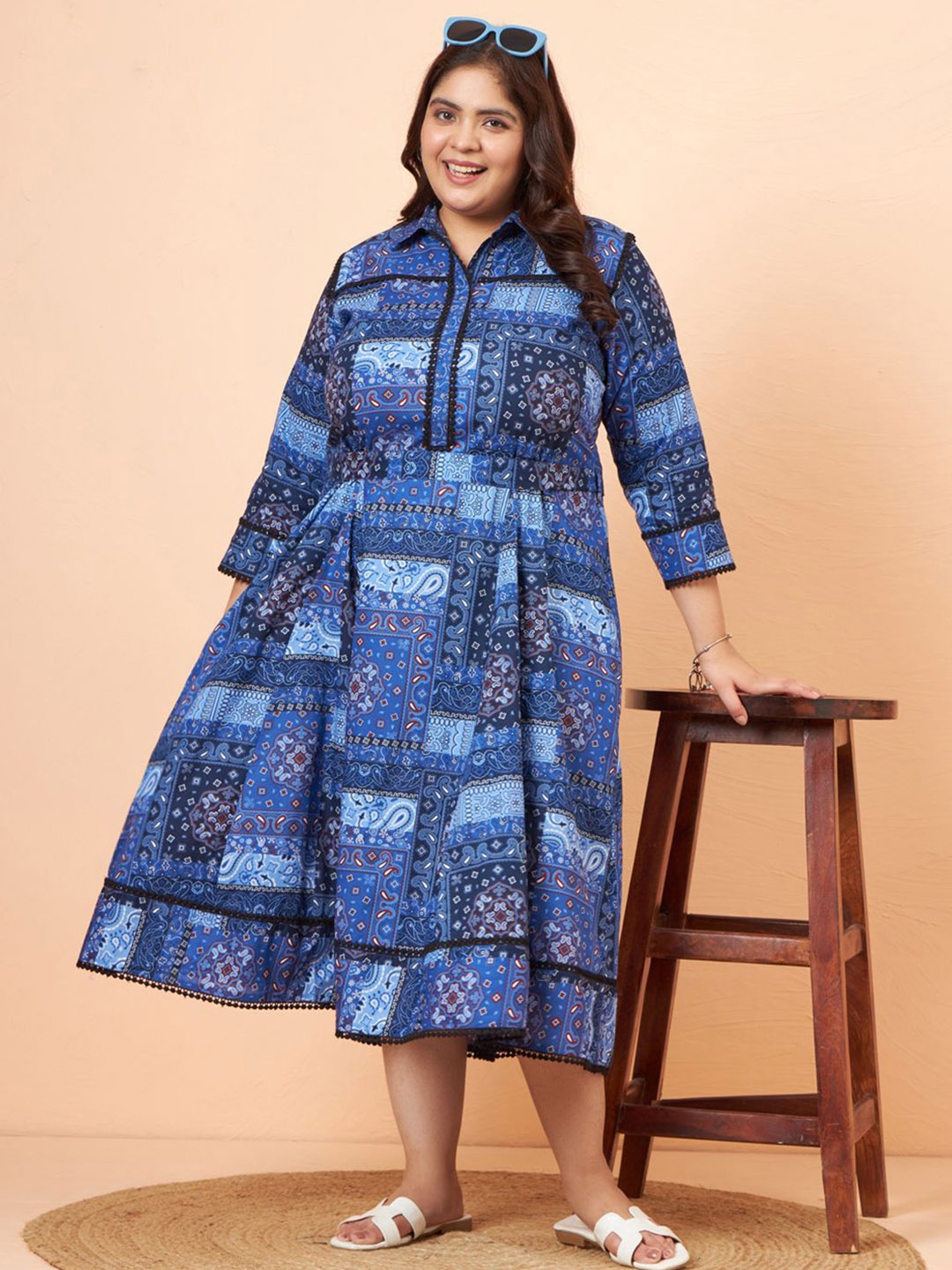 

Tissu Women Abstract Printed Plus Size Fit & Flare Midi Dress, Blue