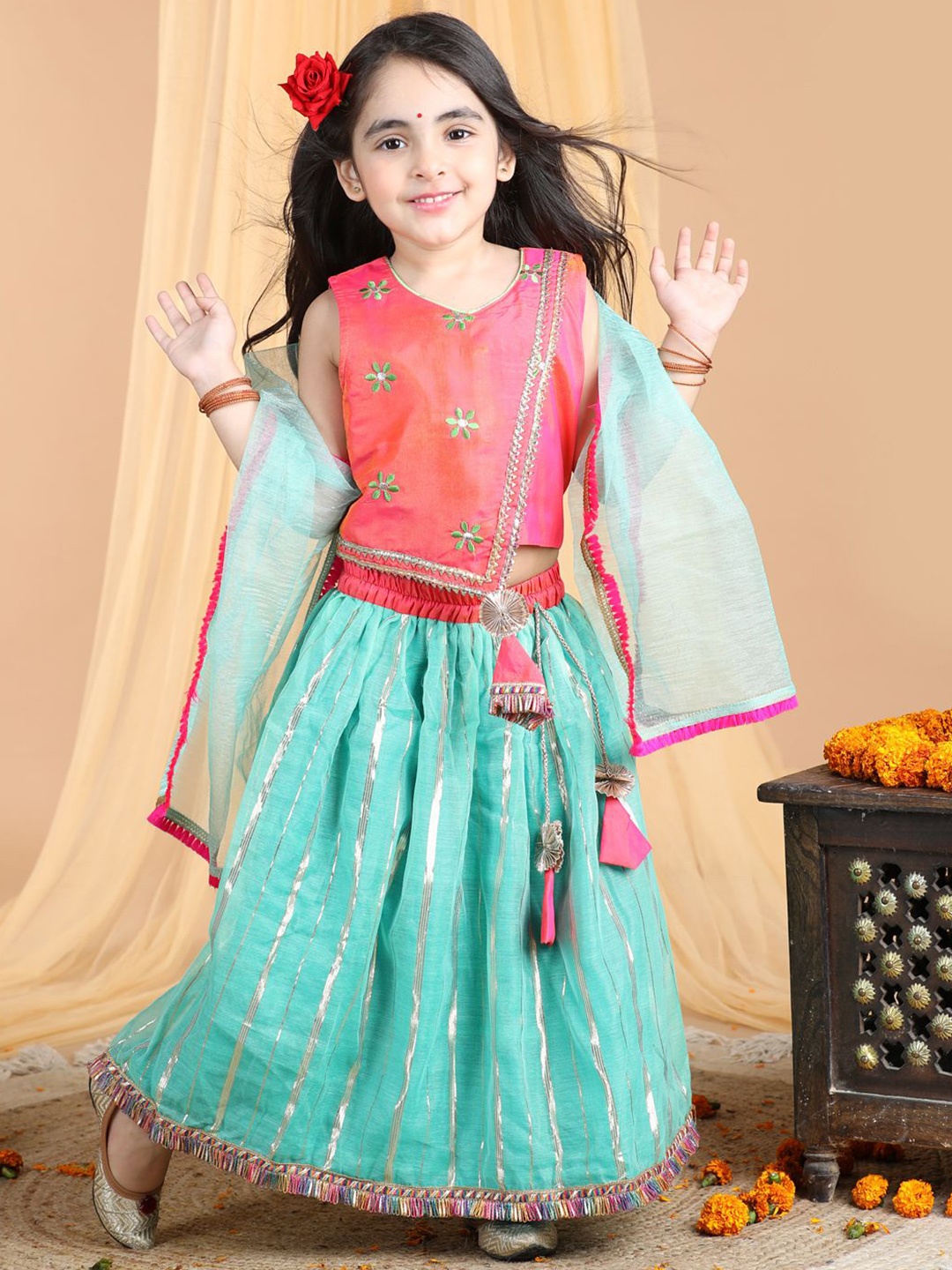 

Here&Now X Kinder Kids Girls Embroidered Ready to Wear Lehenga & Blouse With Dupatta, Pink