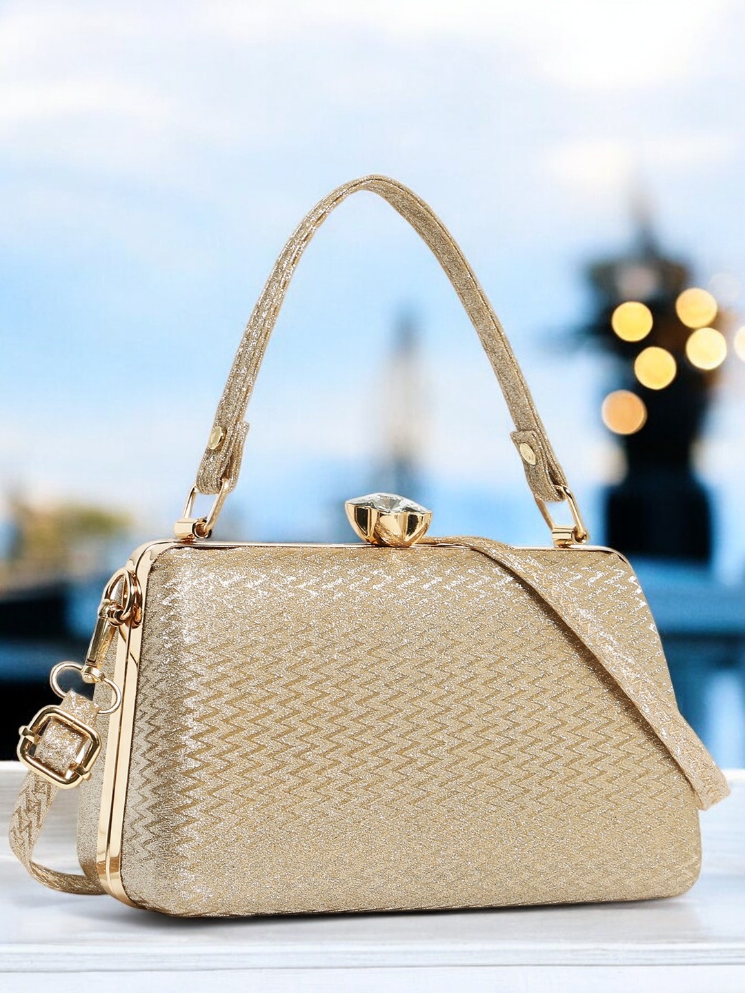 

Exotic Textured Jute Box Clutch, Gold