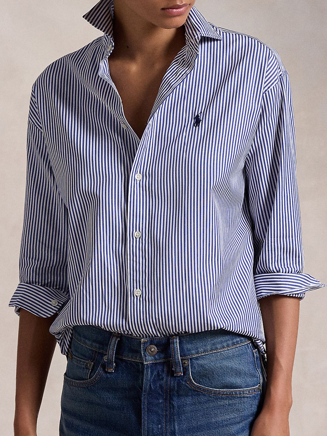 

Polo Ralph Lauren Women Spread Collar Multi Striped Cotton Relaxed Fit Casual Shirt, Navy blue