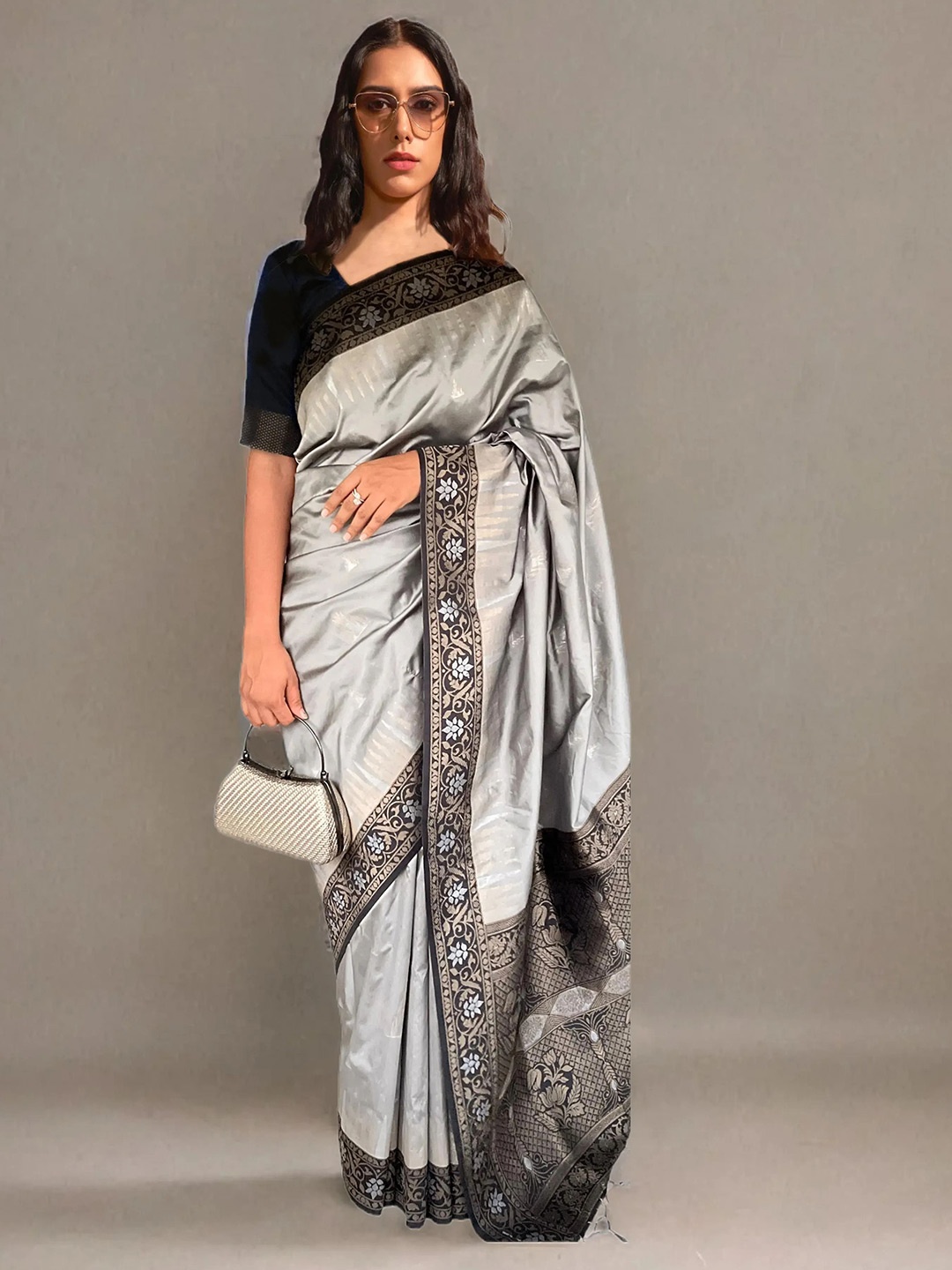 

NK Textiles Floral Woven Design Zari Pure Silk Ikat Saree, Grey