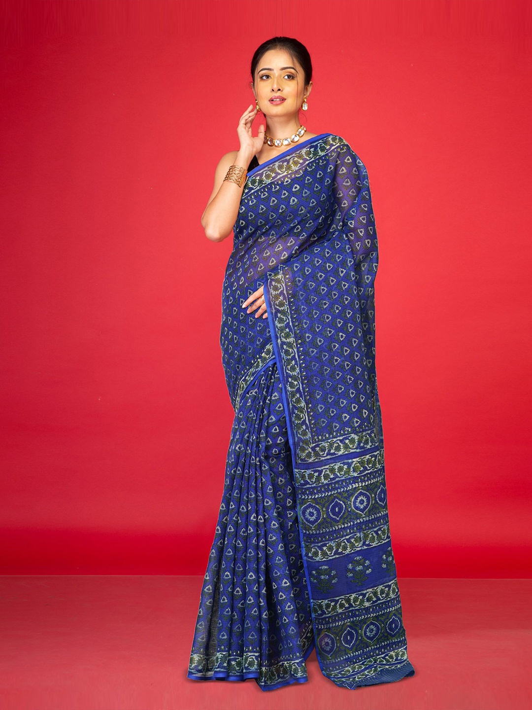 

Unnati Silks Ethnic Motifs Printed Net Handloom Kota Saree, Blue