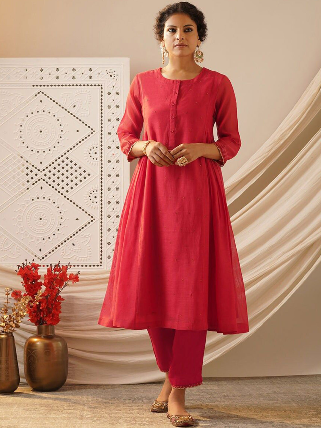 

JAYPORE Round Neck Regular A-Line Kurta with Trousers, Red