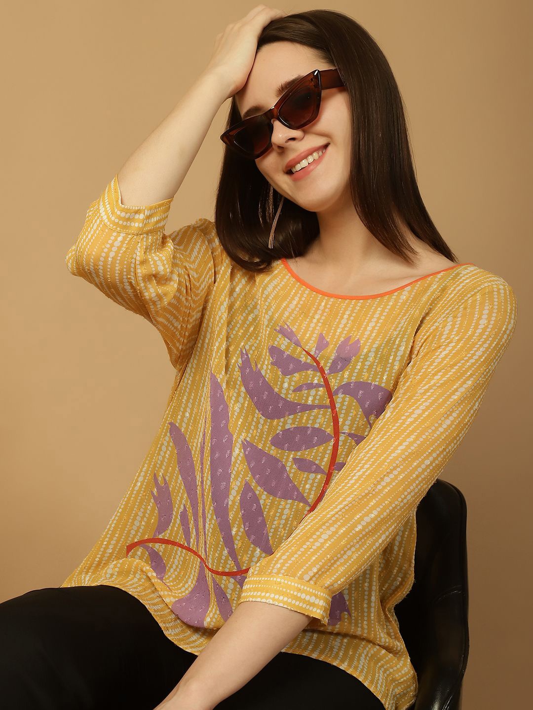 

250 DESIGNS Women Tropical Printed Round Neck Top, Yellow