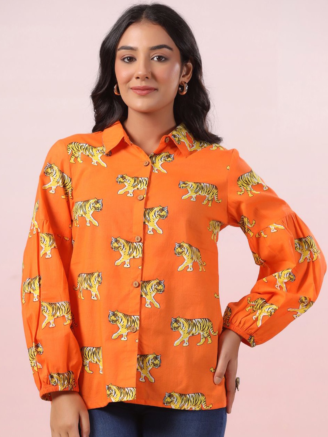 

LYFJ Women New Spread Collar Conversational Printed Cotton Casual Shirt, Orange