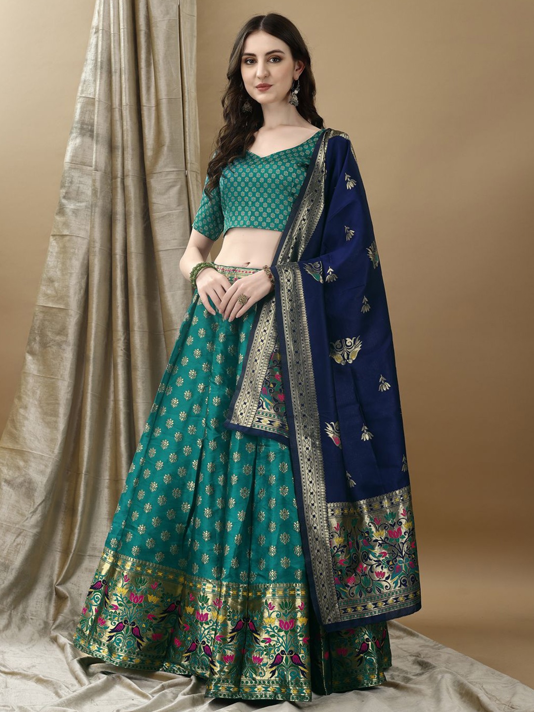 

SWAMI STUDIO Ready to Wear Lehenga & Unstitched Blouse With Dupatta, Teal